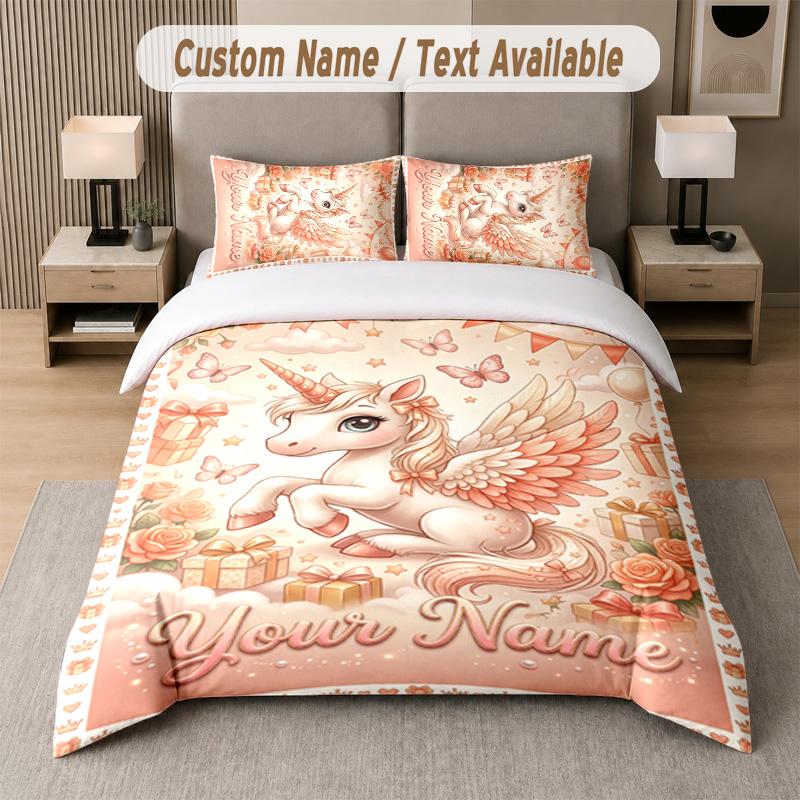 Unicorn Theme Custom Text Or Name 3Pcs Bedding Set 1 Flat Sheet & 2 Pillowcases Personalized Home Bedding