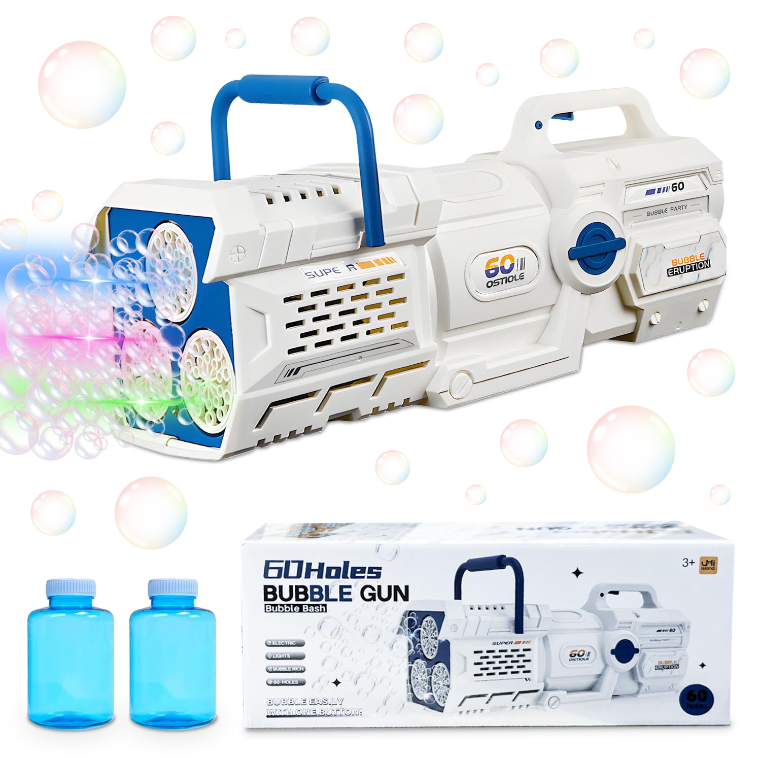 

SINGERTOP Электрический пистолет для пузырей, 60-дульный автомат Гатлинга для пузырей со светодиодной подсветкой, USB-перезаряжаемый, герметичный, сценический эффект, дизайн 2-в-1 для взрослых и