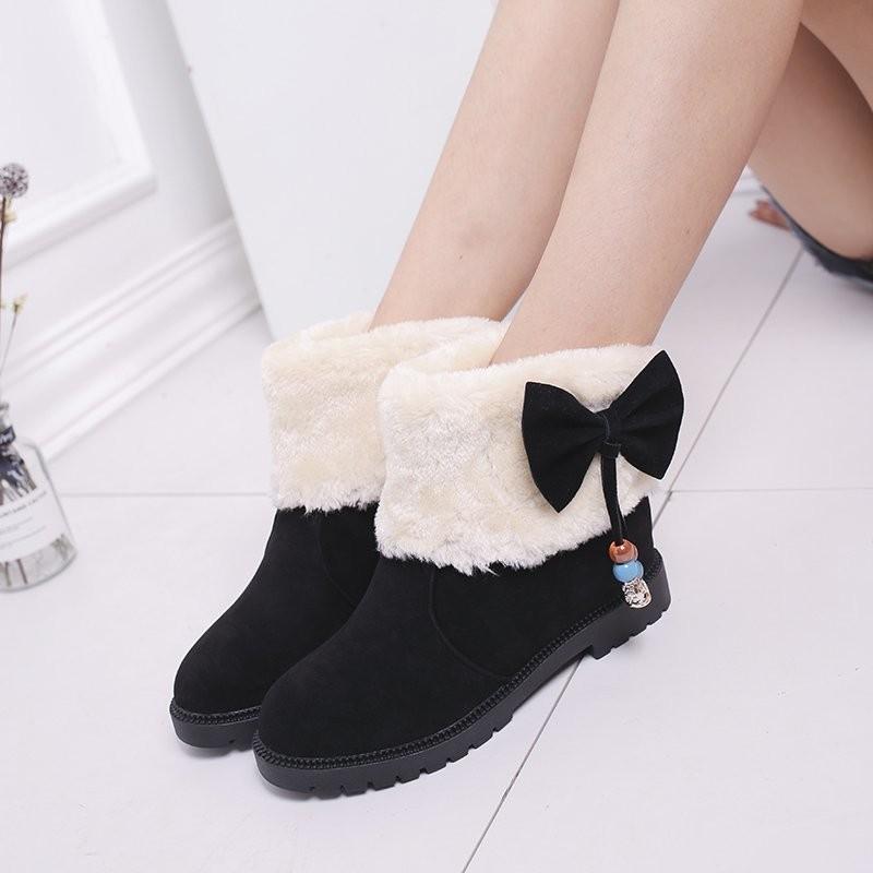 Winter Snow Boots Women's New Round Head Flat Bottom Bow Cotton Shoes Short Tube Velvet Student Women's Boots