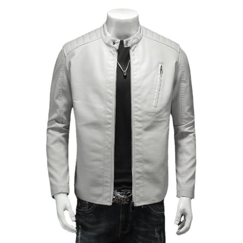 Mens Plus Size Stand Collar PU Leather Jacket Slim Fit Casual Motorcycle Style Outerwear