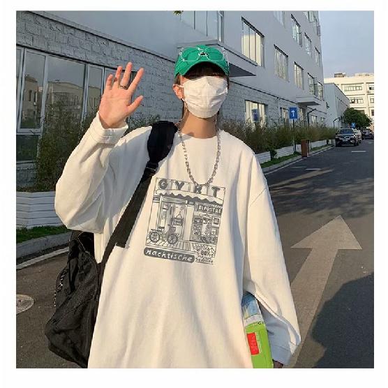 2024 Men's Long-Sleeved T-shirt Autumn Undershirt Long Sleeve Cotton Autumn Hong Kong Style Printing Loose Trendy Top