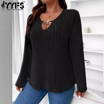 Women's Fashion Plus Size Casual Fall Winter Solid Color Print Long Sleeve V-Neck Pullovers & Long Sleeves