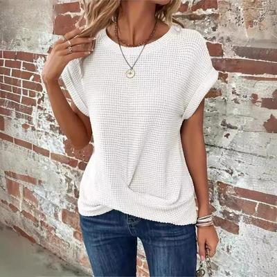 Moda Feminina Casual Verão Primavera Cor Sólida Estampa Manga Curta Gola Redonda Blusas Camisas