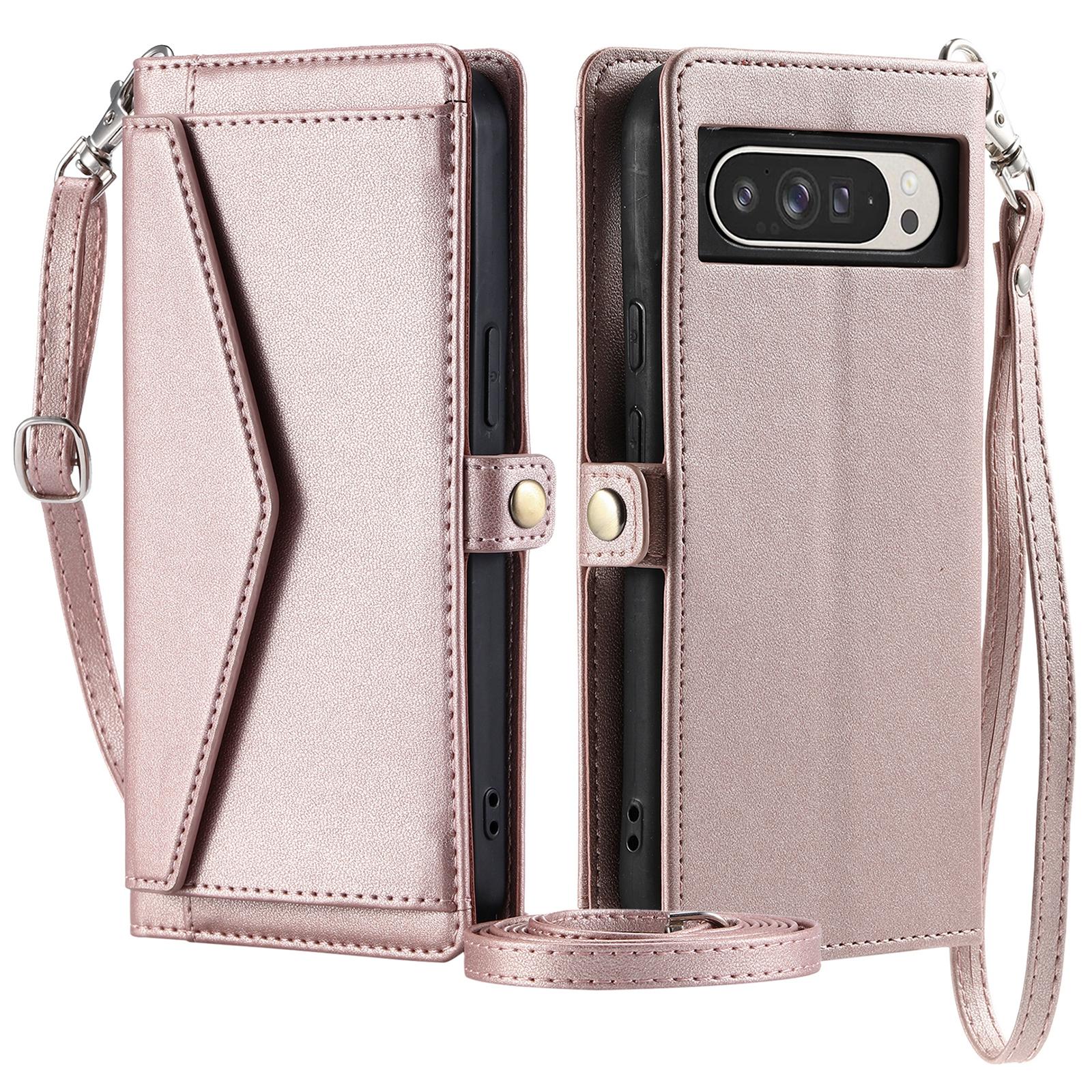 

For Google Pixel 9 Pro XL Leather Case Wallet Stand Phone Cover with Straps Rose Gold