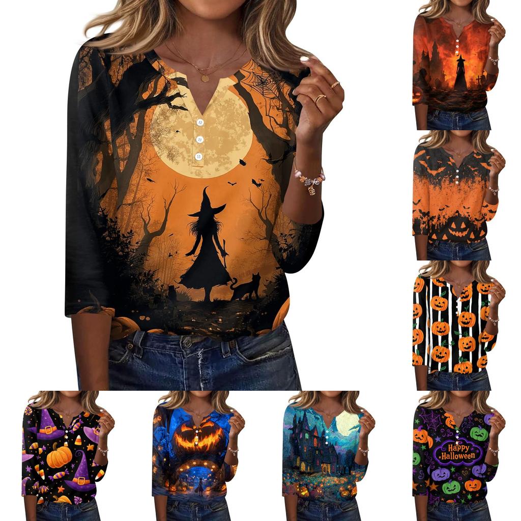 Women's Casual Halloween Print V Neck Button Front Three Quarter Sleeve T Shirt Top Lightweight Comfortable Fall Shirt