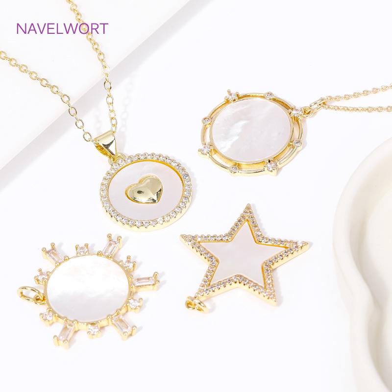 Fashion Inlaid Zircon Pendants 18K Gold Plated Natural Shell Round/Star Shape Charms For DIY Necklace Jewelry Making Accessories