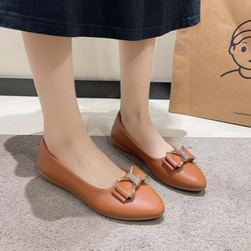 Korean Spring and Summer Fashion Women's Shoes Bowknot Bean Shallow Mouth Pointed Toe Low Heel Flat Bottom Rhinestone Single Shoes