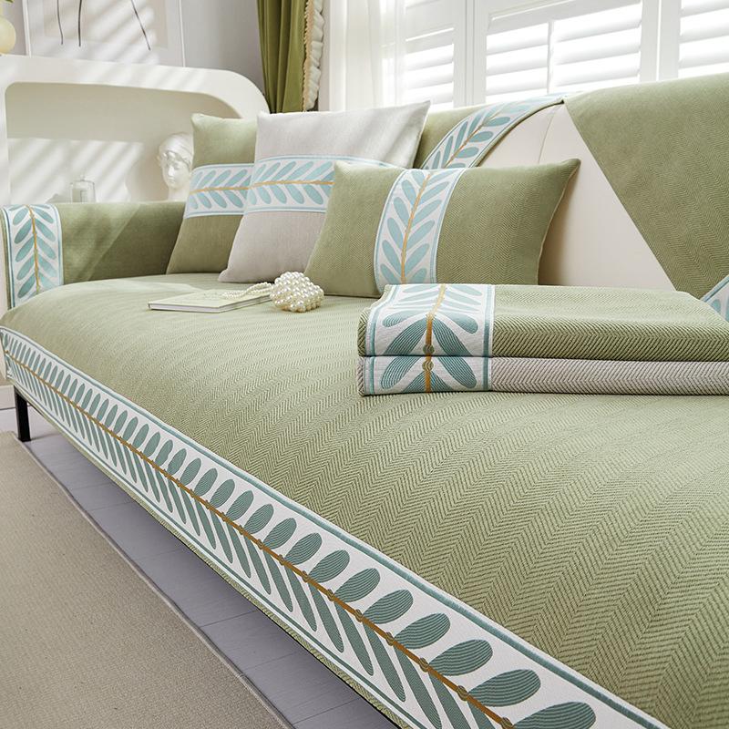 Herringbone Pattern Chenille Leaf Edge Splicing Sofa Cover Non-slip Couch Cover Living Room Sofa Backrest Armrest Protector Mat