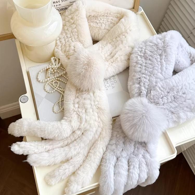 Rex Rabbit Fur Scarf Women's Winter New Tassel Ball Double-sided Warm Scarf Real Fur Collar