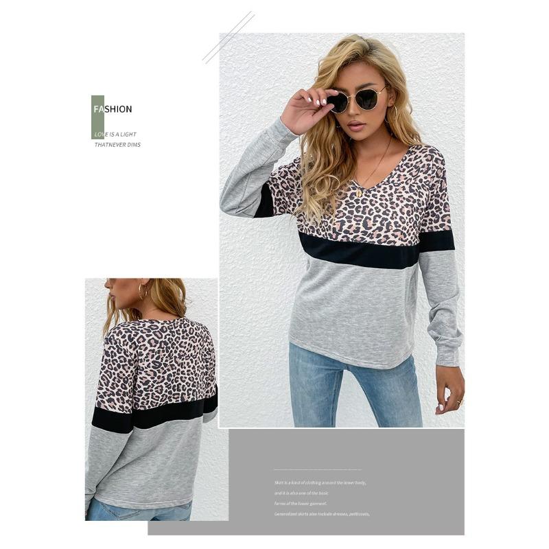 Leopard Print Patchwork Long Sleeved Top Women's V-neck Pullover Casual Hoodie Loose Simple Commut Bottoming Shirt Autumn