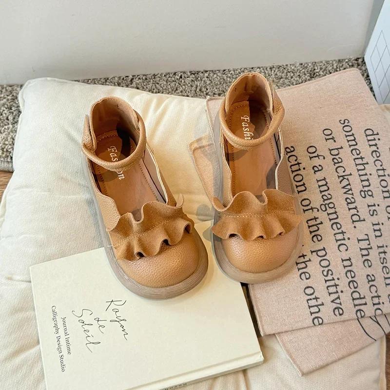 

Детские туфли принцессы, однотонные универсальные туфли для девочек из кожи с закругленными краями, новинка 2024 года, детская обувь на плоской подошве с липучкой 27