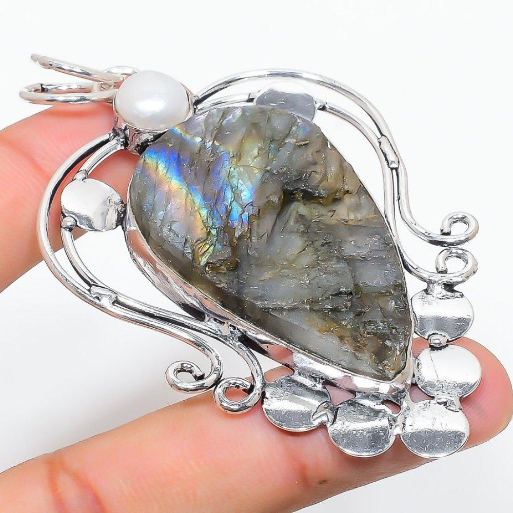 Labradorite, Pearl Gemstone Handmade 925 Sterling Silver Gift Pendant 3.19" q6p55