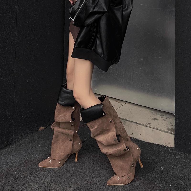 Pointed Stiletto Heel Pile Boots Button Splicing Trouser Tube Boots Spice Girl High Heel Long Tube Fashion Boots Women But Knee Boots Children