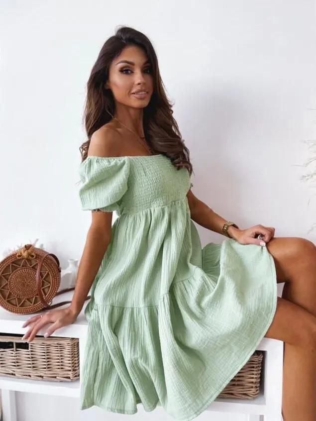 Summer Women's Short-sleeved One-shoulder Waist-skimming Ruffle Cuffs Solid Color Party Resort Dress