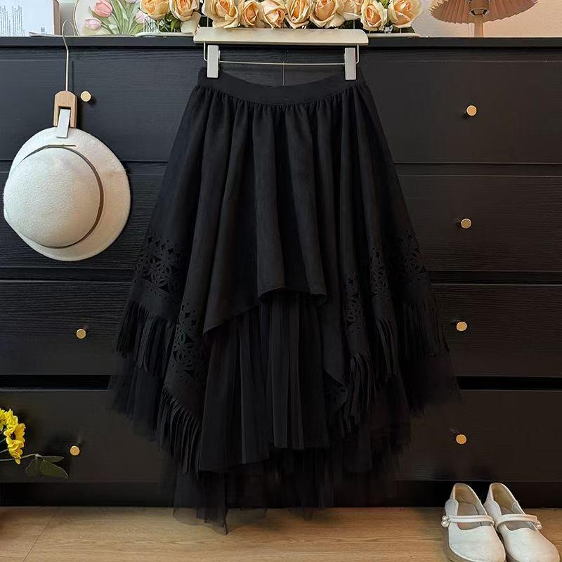 Women's High-Waisted Black Mesh Midi Skirt - A/W Fluffy A-Line Design