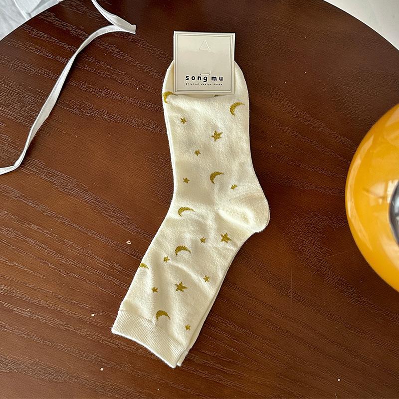

Женские осенние новые милые сладкие носки-гольфы с рисунком звезд, лун и точек 1 pair молочный белый