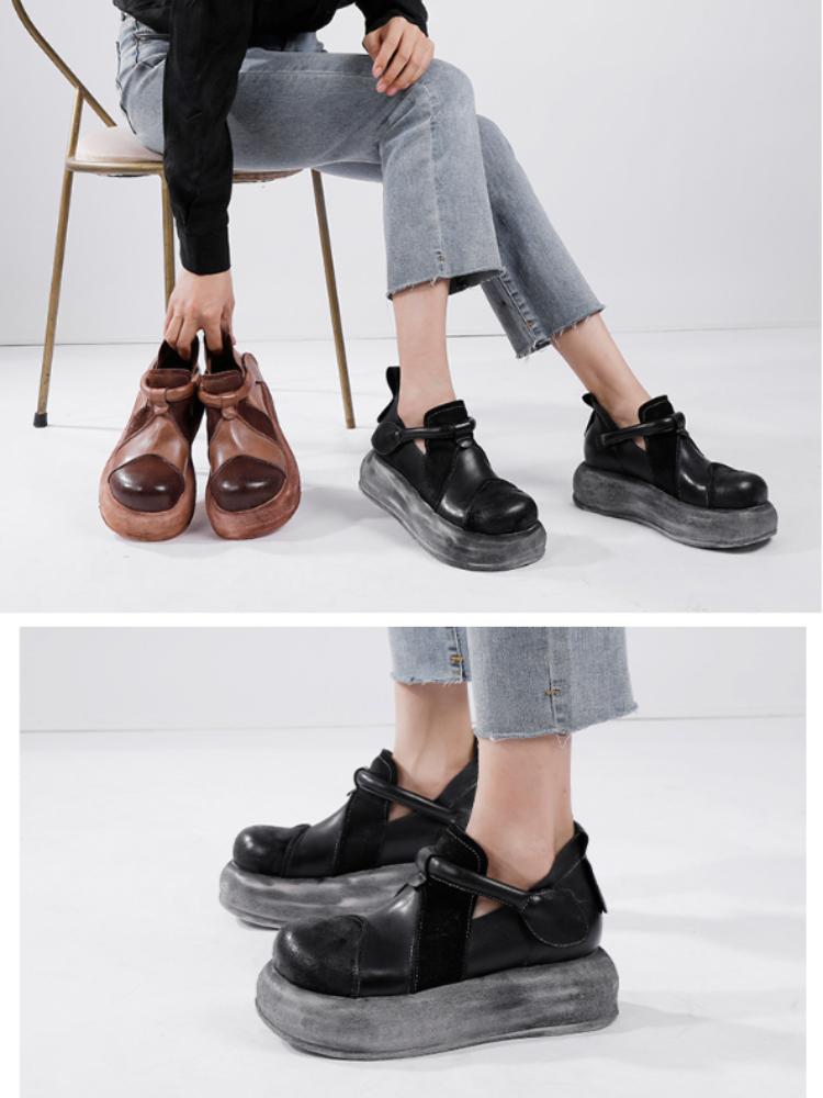 Johnature Flache Plateauschuhe aus echtem Leder für Damen, vielseitige Vintage-Schuhe mit runder Zehenpartie und dicker Sohle