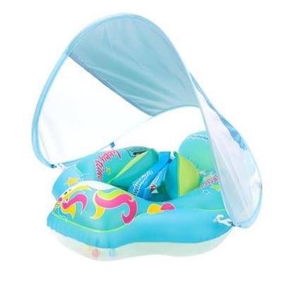 Süßer Baby-Schwimmring mit Beinausschnitten und Sonnendach, blau, kompakt, perfekt für Pools und Wasserspiele.