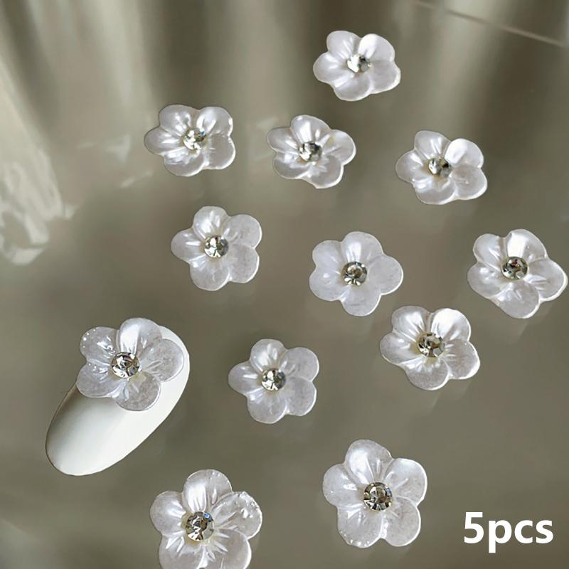 

5Pcs Pearl Flowers Five Petal Flower Nail Charms Accessories With Crystals Nail Art Decoration Manicure Supplies білий