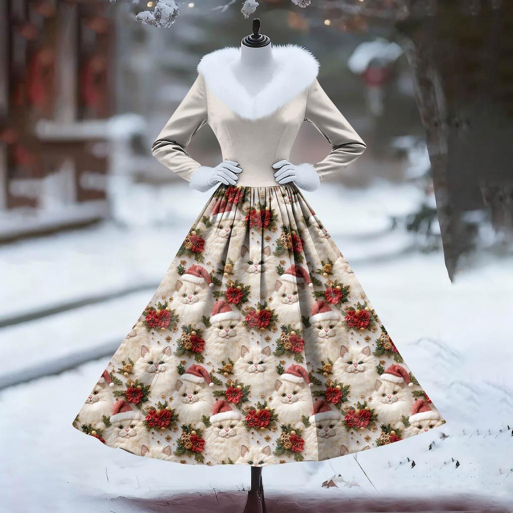 Women's Casual Dress Long-Sleeve V-Neck Patchwork Fleece Christmas Print Dress