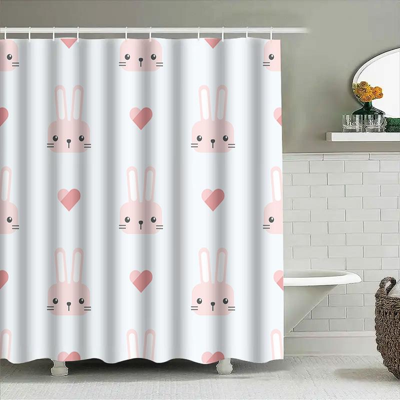 Cute Rabbit Heart Print Shower Curtain for Bathroom Decoration in Various Sizes Pink White Animal Design Polyester Fabric Waterp
