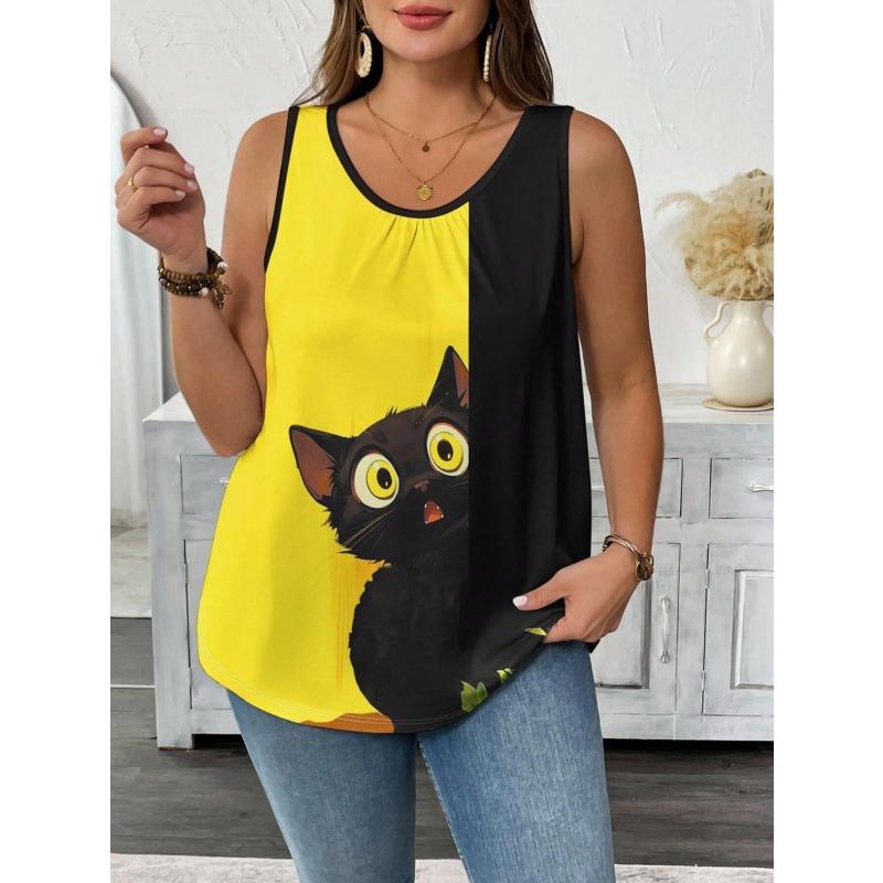 Daily Casual Crew-neck Printed Comfortable Women's Top, Sleeveless T-shirt, Tank Top