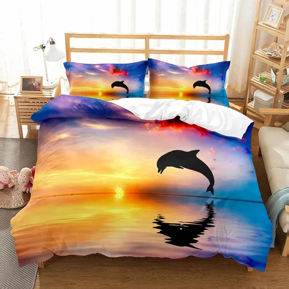 Fashion Blue Dolphin Duvet Cover Set Cute Aniaml Bed Linen Pillowcase Luxury Home Texitle Queen Full Size 3D Bedding Sets Sea