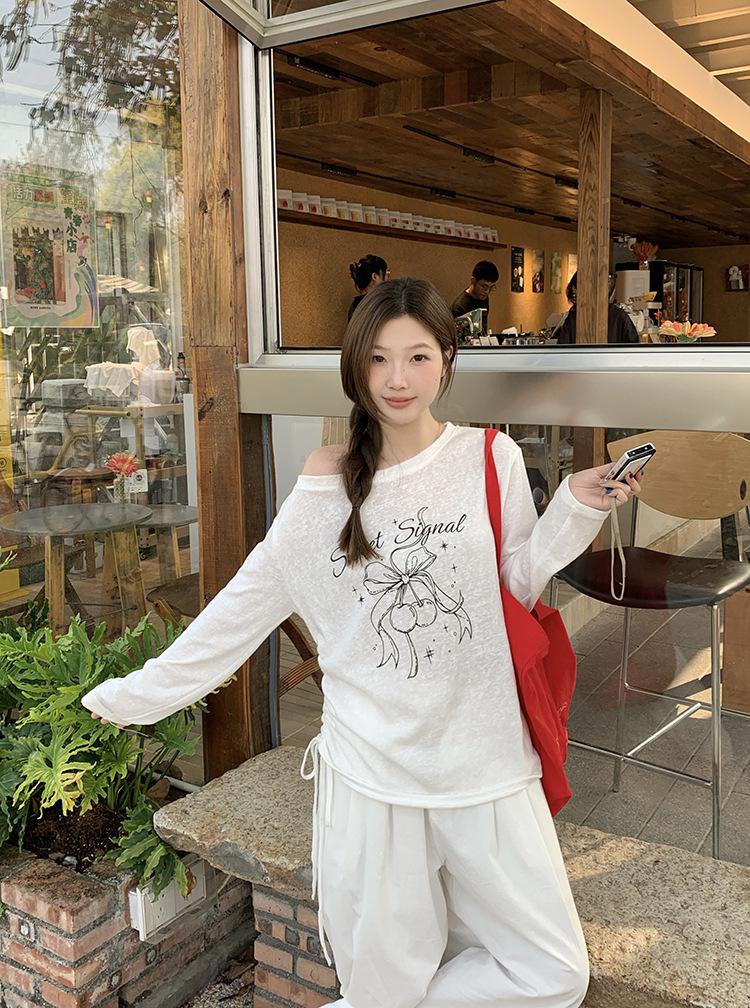 2026 Summer Plus Size Asymmetrical Neck Long Sleeve Top with Sweet Design Print