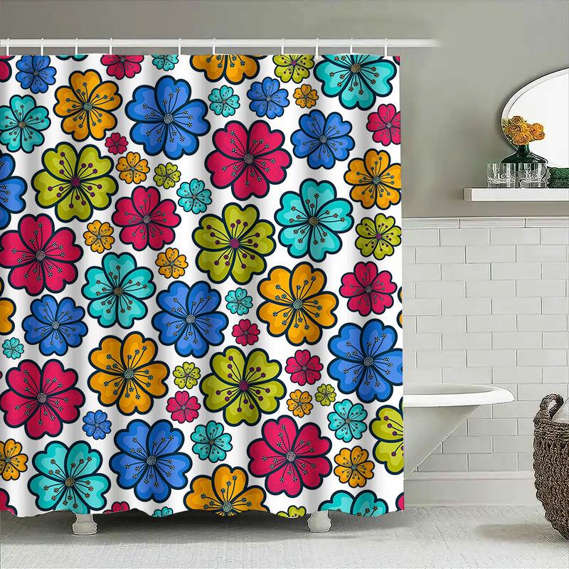 Vibrant Flower Shower Curtain Set For Bathroom Decor Multi-Colored Floral Print Waterproof Fabric With Rings Included.