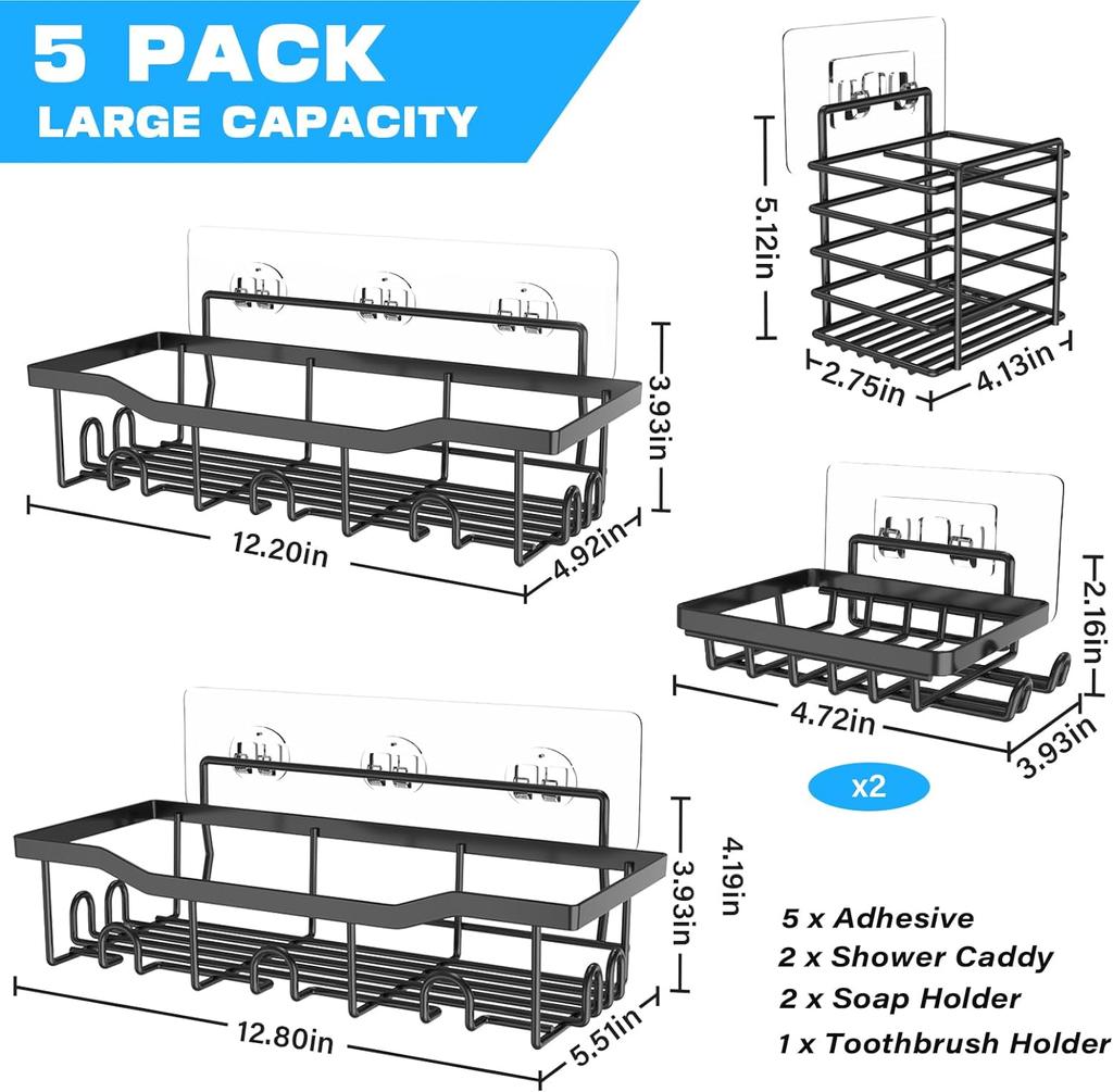 5ks Sprchový organizér, Samolepicí sprchový organizér pro koupelnové úložné prostory&Domácí dekorace&Kuchyň, Bez vrtání, Velká kapacita