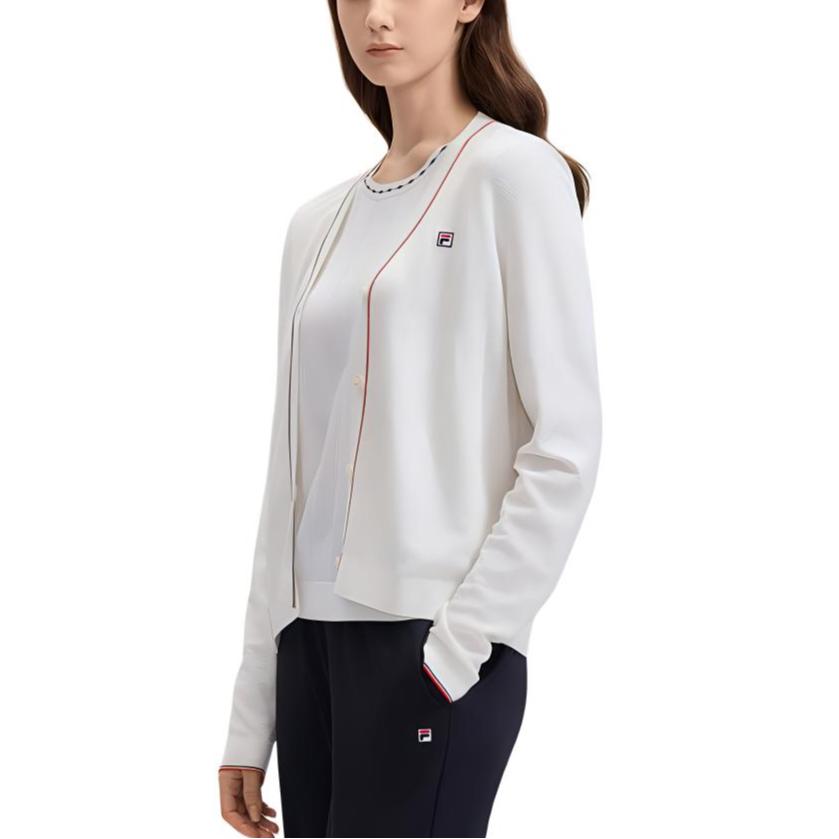 Fila Fashion Casual Simple Basic V-Neck Cardigan Knitwear Women Tops Steam-White F11W431405F-IV