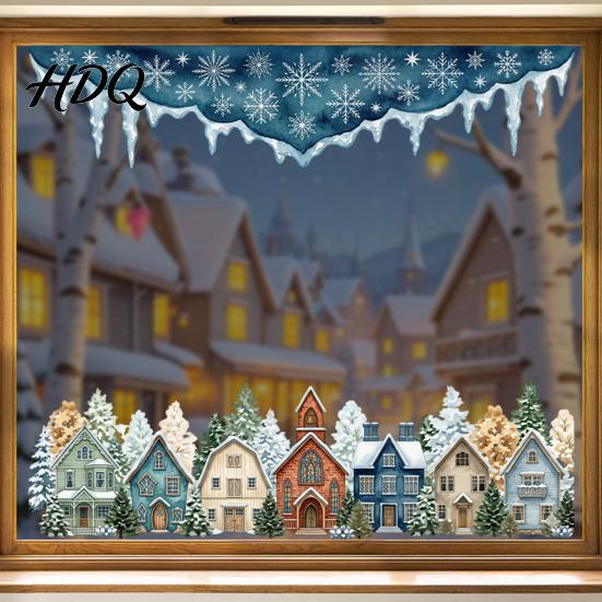 Transparent Decorative Film Christmas Winter Village Static Window Clings, Snowflake Snow House Wonderland Decals Stickers, Removable for Xmas