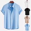 Men Summer Shirt Stand Collar Button-down Cardigan Short Sleeves Solid Color Loose