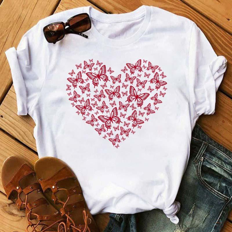 Summer Butterfly Print Plus Size Loose Round Neck Pure Cotton Short Sleeved Top T-Shirts Women’s Tees