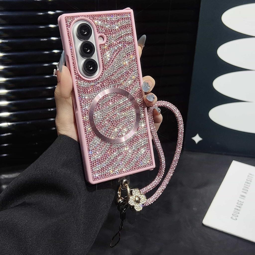 Case for Samsung Galaxy Z Fold7/ 6/ 5/ 4/ 3 with Magsafe Wrist Strap & Crystal Decor Cover Phone Bumpers