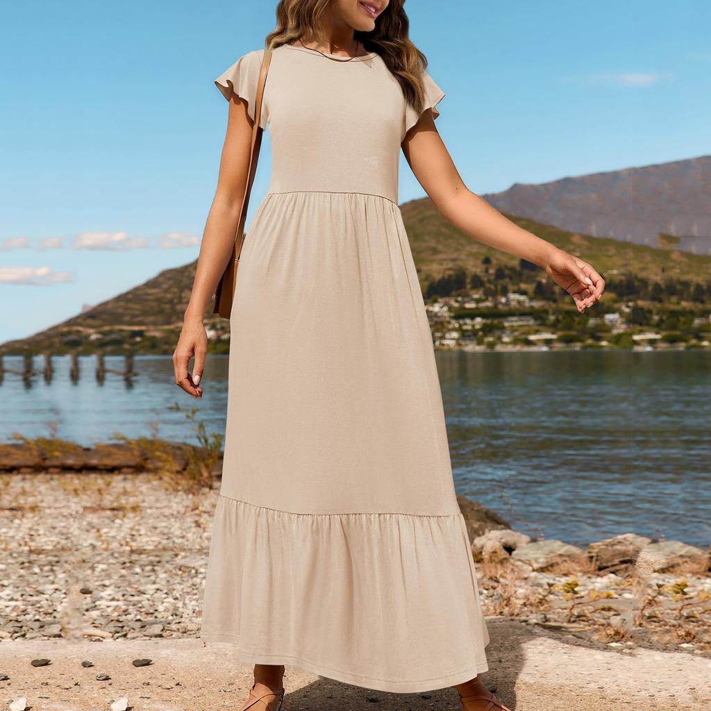 Damen Sommer Freizeitkleider Kurzarm Rundhalsausschnitt Locker Fließendes Strandkleid Mit Taschen