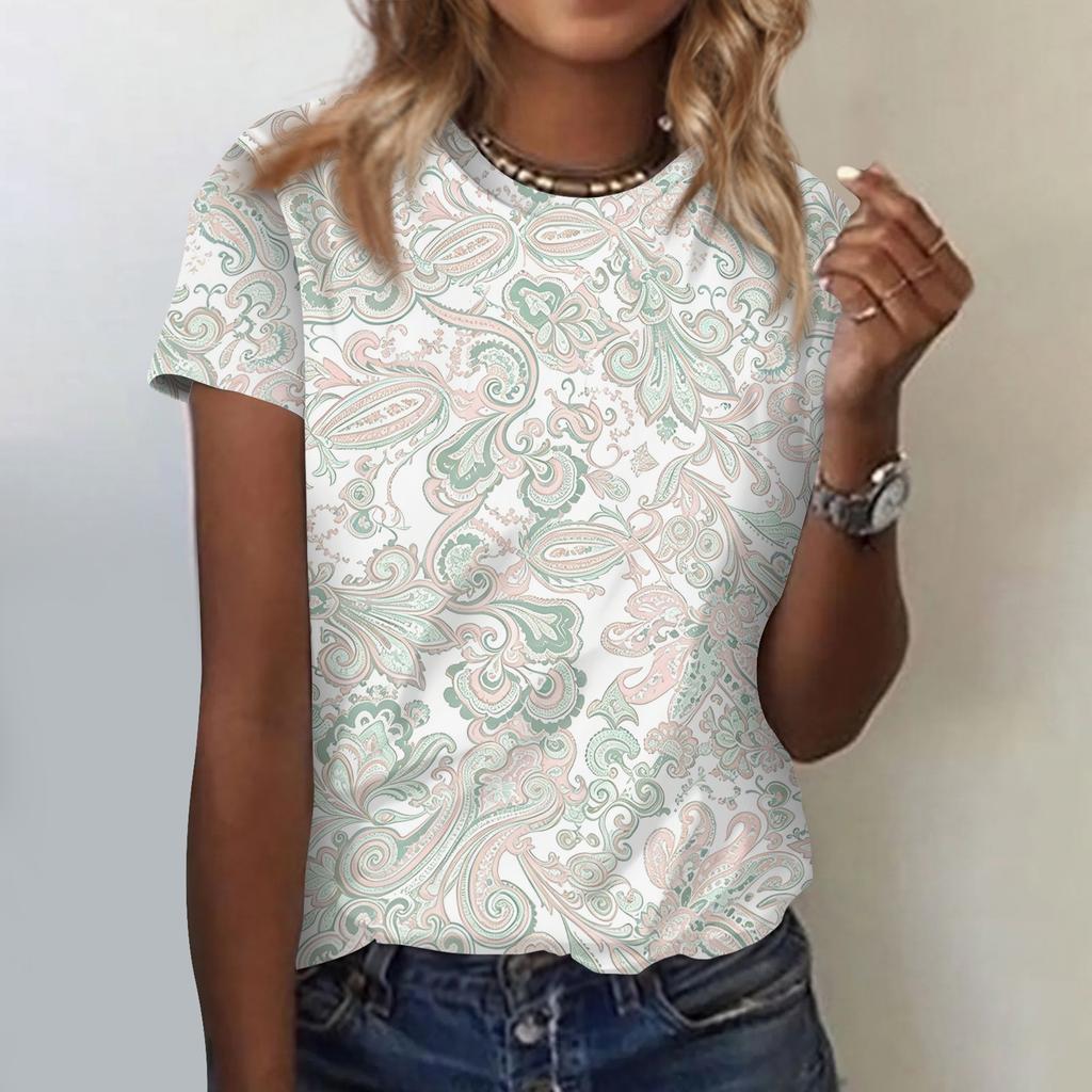 Women's Casual Loose Fit Short Sleeve Top Floral Paisley Print Lightweight Summer Blouse Comfortable Daily Wear