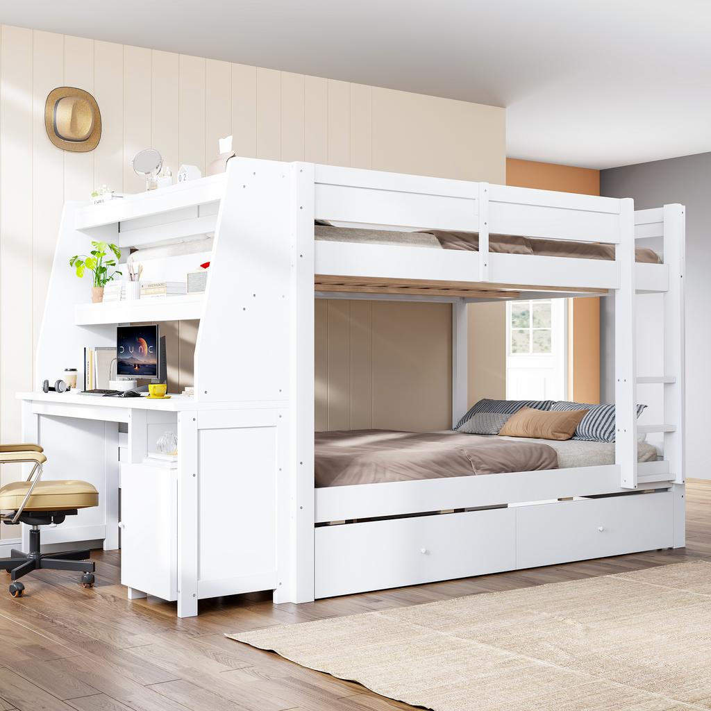 140 x 200 cm Großes Etagenbett Mit Seite, Integriertem Stauraumschrank, Nach Links oder Rechts Verschiebar, Mit Schreibtisch, Regal, Schubladen und Stauraum, Weiß