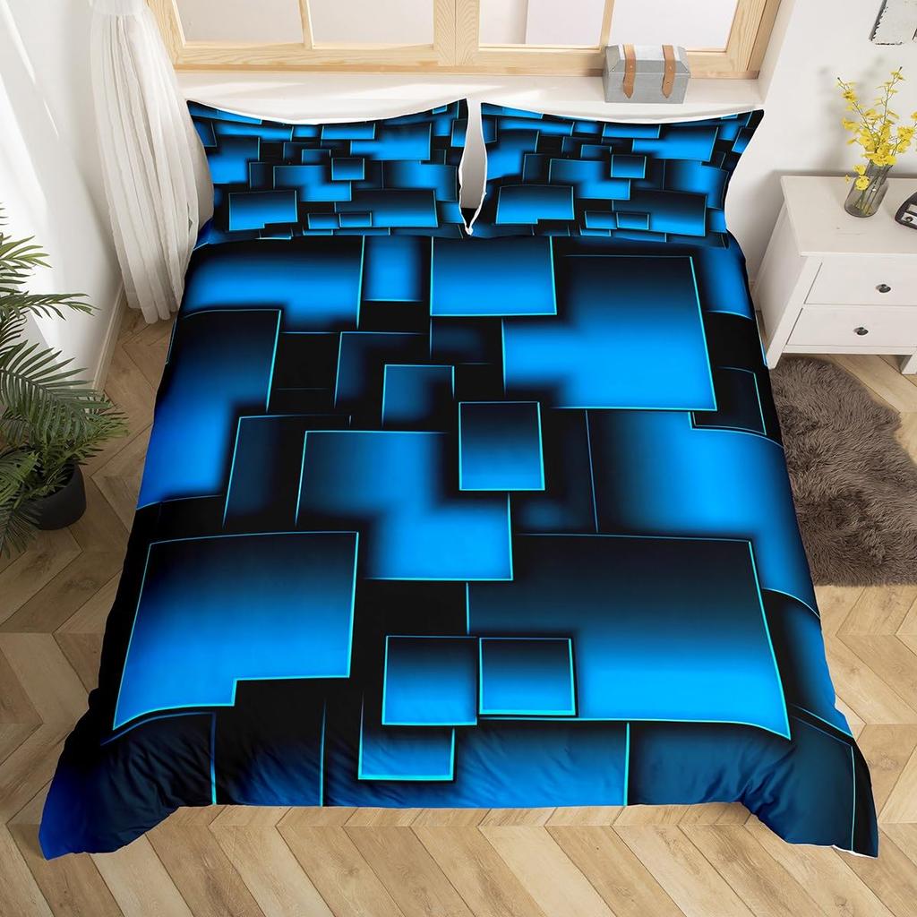 Blå Svart Påslakan King Queen Size Pojkar Flickor Geometri Sängklädesset Geometriskt Täcke Örngott Set Modernt Abstrakt Quiltöverkast