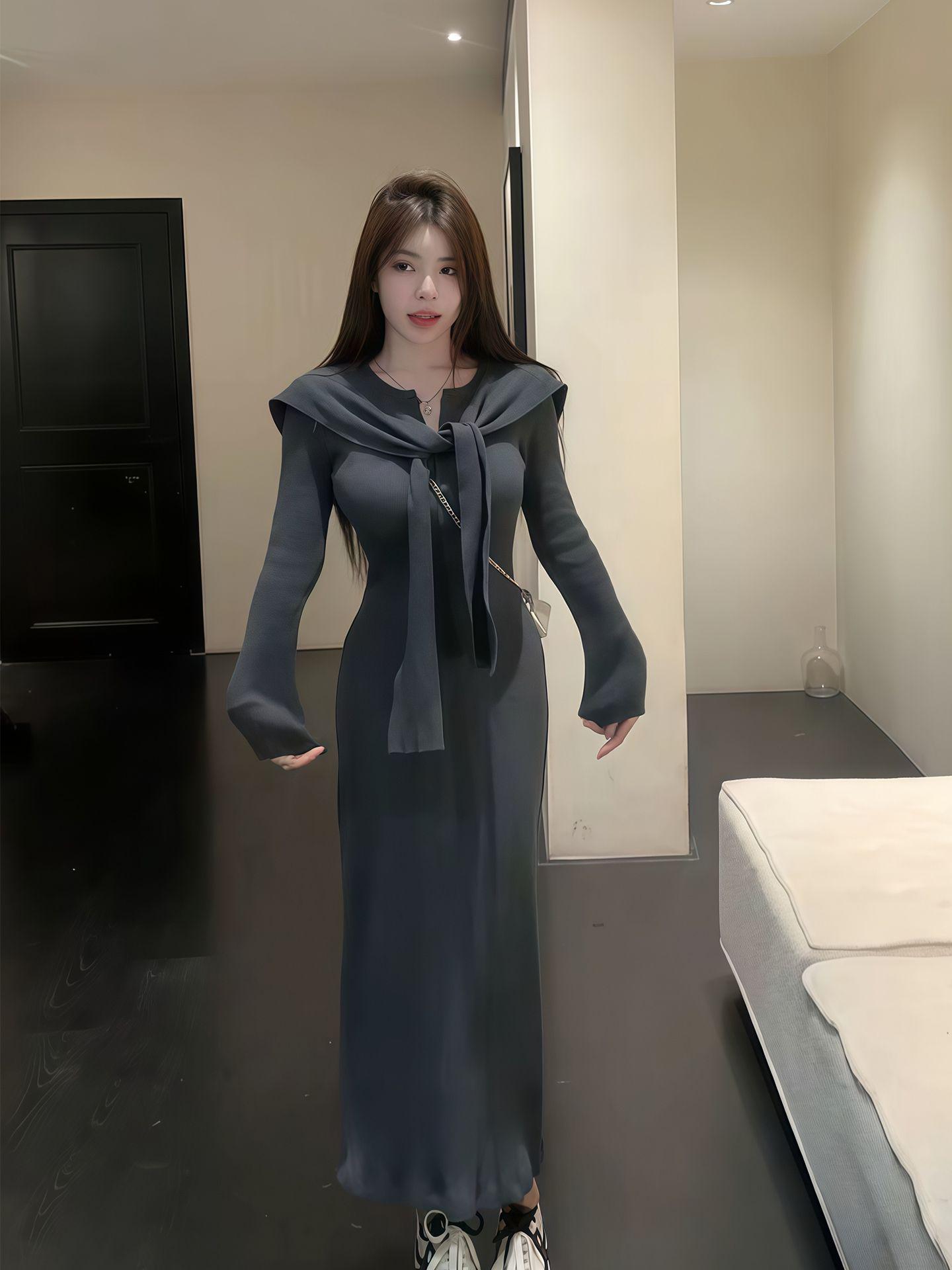

Elegant Early Spring Strappy Shawl Dress - Slim Fit, Solid Color, High-End Style Long Skirt Medium серый