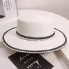 Retro pearl lace flat top straw hat women's summer outing seaside sun hat beach hat