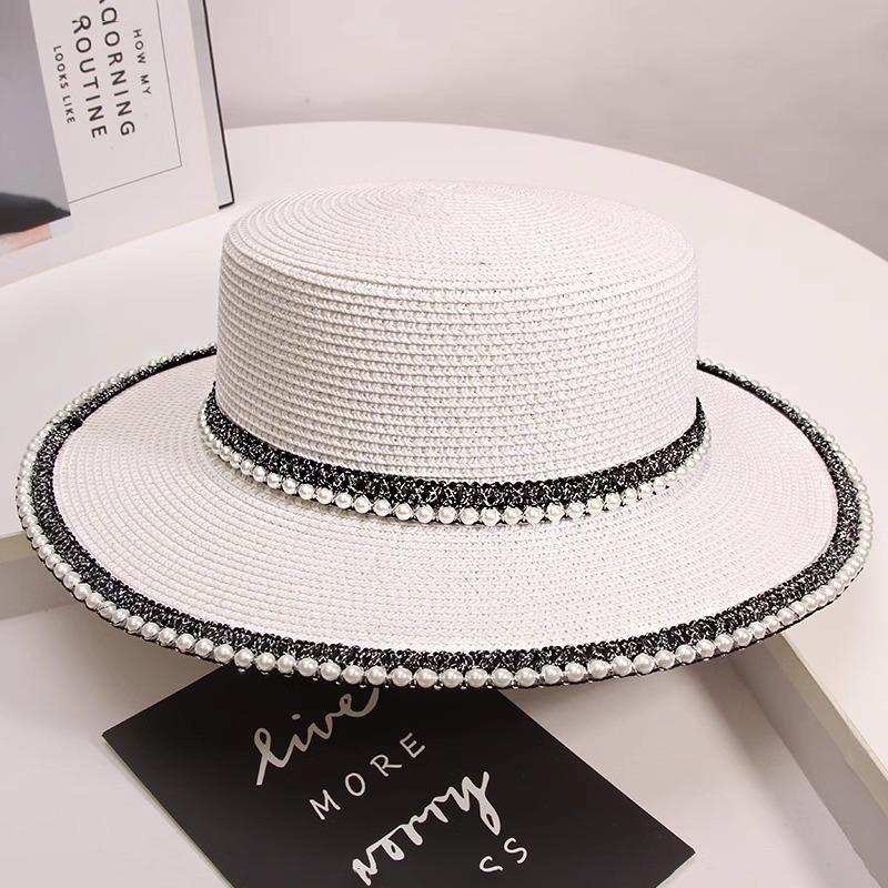 Retro pearl lace flat top straw hat women's summer outing seaside sun hat beach hat