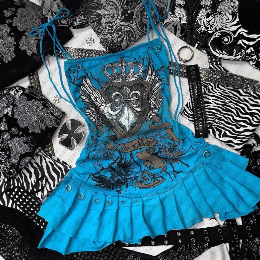 Gothic-style Niche Design Dress Y2K Slim Fit Suspender Print Fashionable Retro Punk Dress