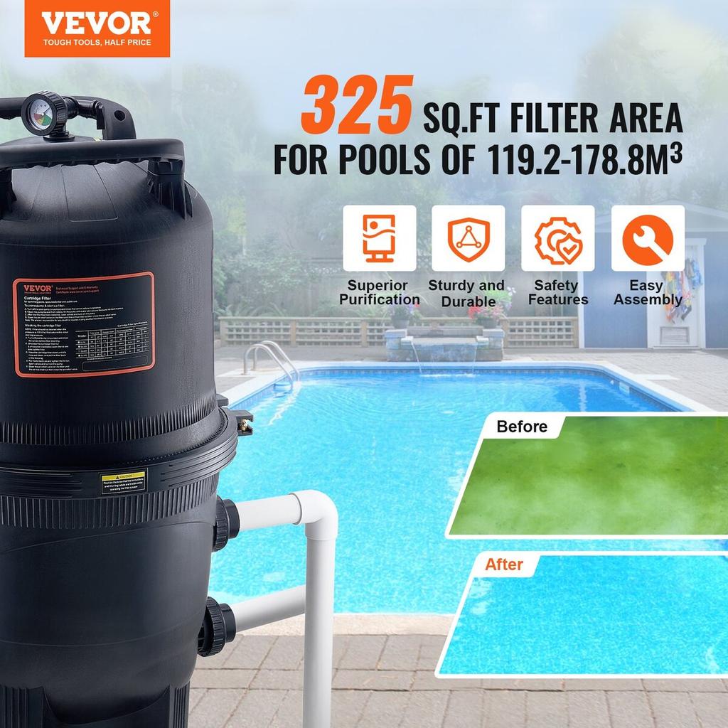 Cartridge Pool Filter, 30 Sq.m Filter Area Inground Pool Filter, Above Ground Swimming Pool Filtration Filter System with Upgrade Filter &Leak-proof,