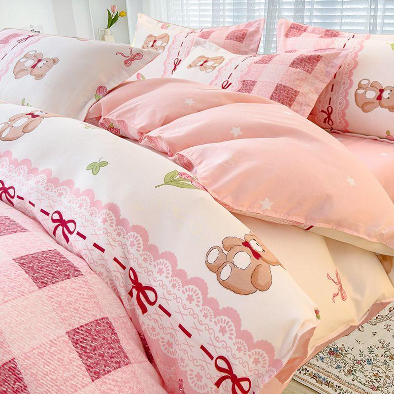 Simple Class A Washed Cotton Four-piece Bedding Set Princess Style Printed Quilt Cover Dormitory Bed Sheet Three-piece Quilt Cover