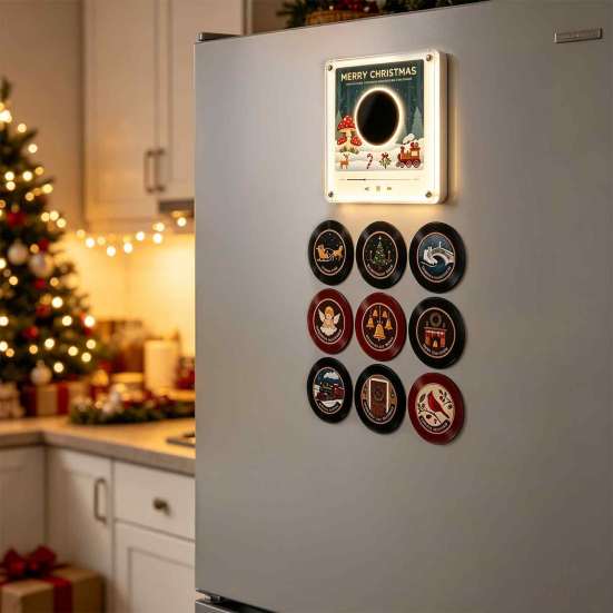 Programmable Music Box Vinyl Record Player Fridge Magnet for Christmas, with 9 Records, Decorative 256MB Memory, LED Light-Up Personalized NFC