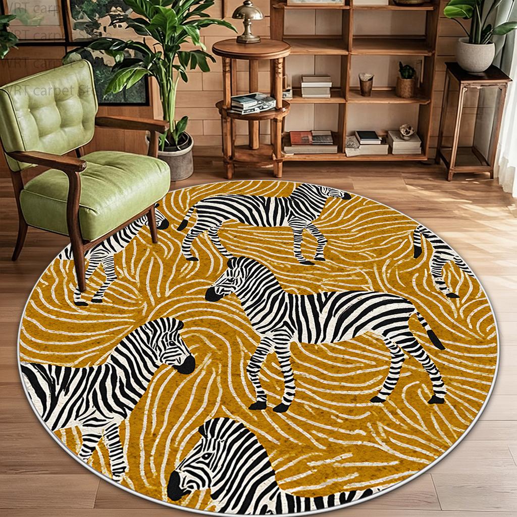 Thickened Children Cute Zebra Round Rug Retro Decor Home Bedroom Living Room Sofa Area Carpet Non-slip Washable Plush Floor Mat