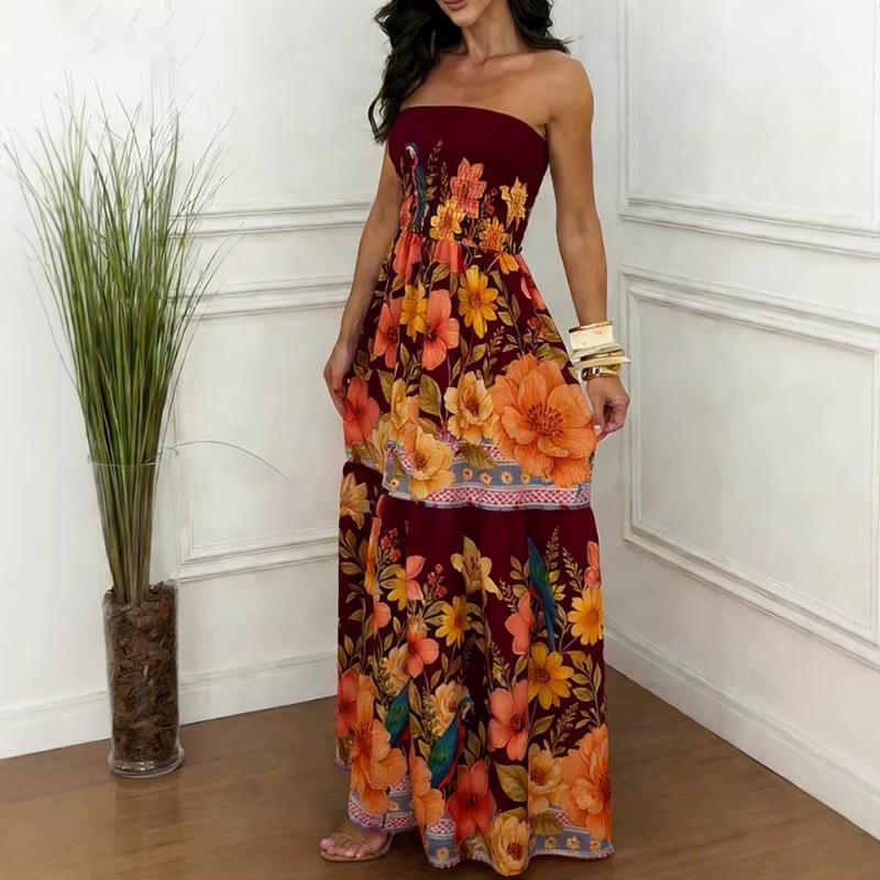 2026 Womens Printed One-Shoulder Wrap Dress A-Line Long Casual Streetwear