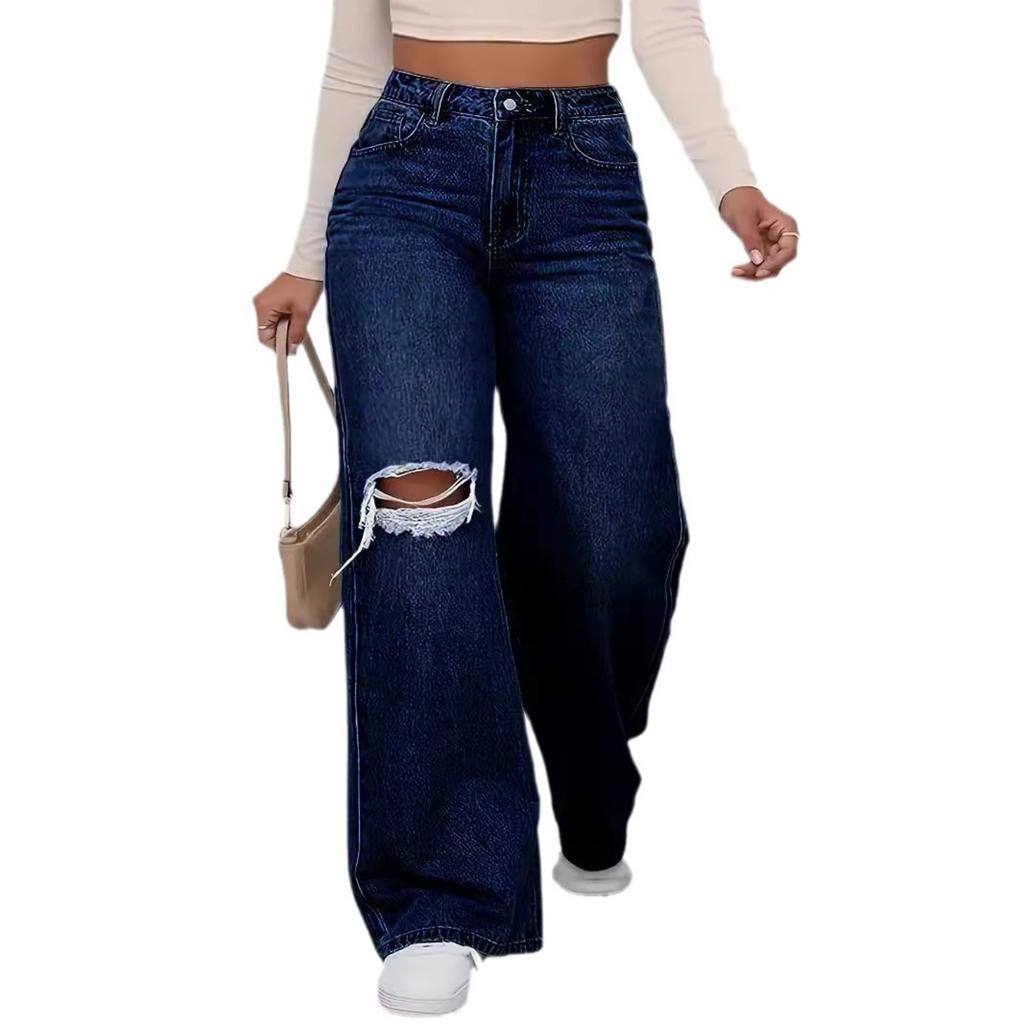 Women's High Waist Straight Leg Jeans Pants Streetwear Ripped Loose Fit Denim