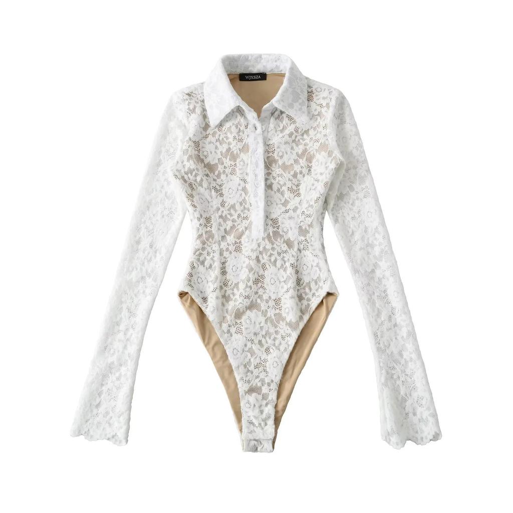 European Fashion Crochet Lace Lapel Bodysuit